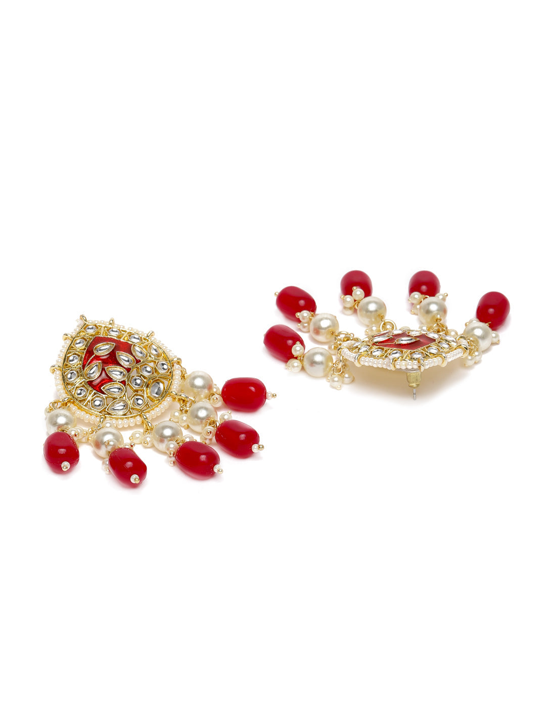 Maroon Gold-Plated Kundan-Studded Teardrop Shaped Drop Earrings