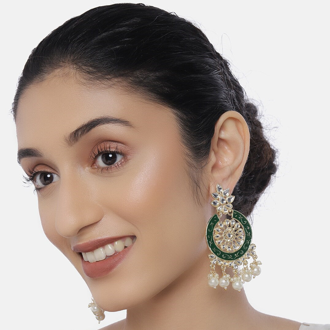 Green Gold-Plated Kundan-Studded Circular Drop Earrings