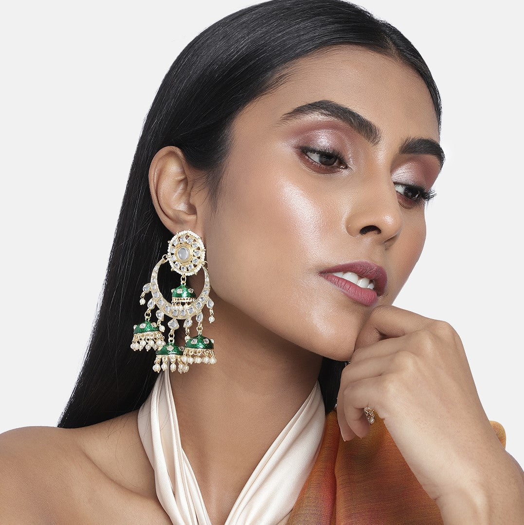 Gold-Plated & Green Dome Shaped Jhumkas