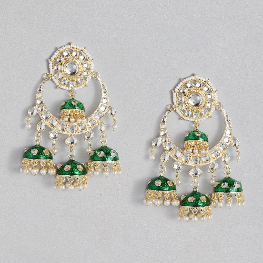Gold-Plated & Green Dome Shaped Jhumkas