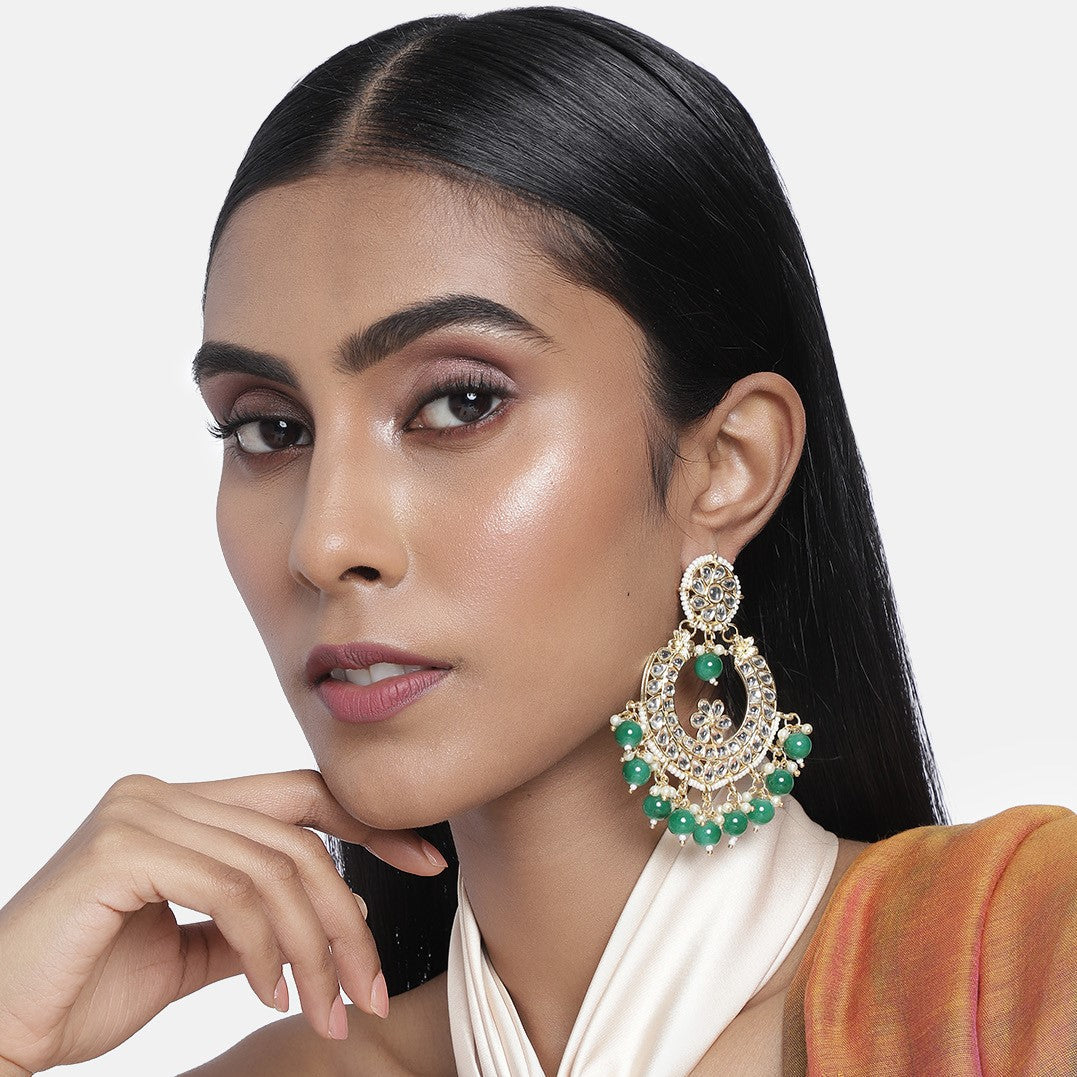 Gold-Plated & Green Crescent Shaped Chandbalis Earrings