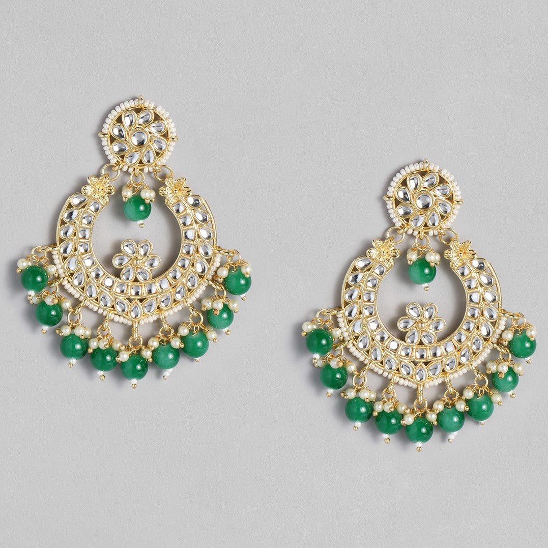 Gold-Plated & Green Crescent Shaped Chandbalis Earrings