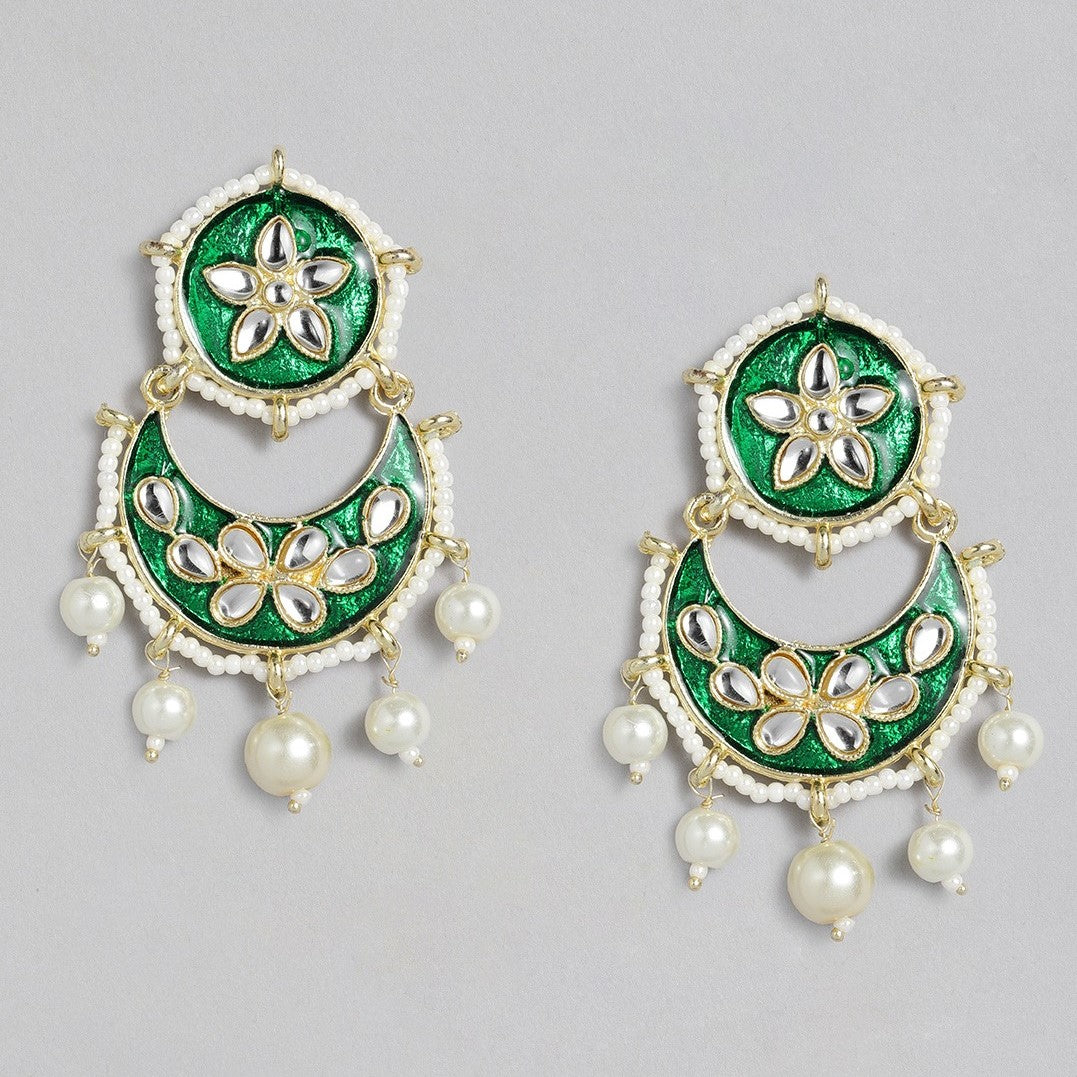 Laida Green Crescent Shaped Handcrafted Kundan Studded Chandbalis