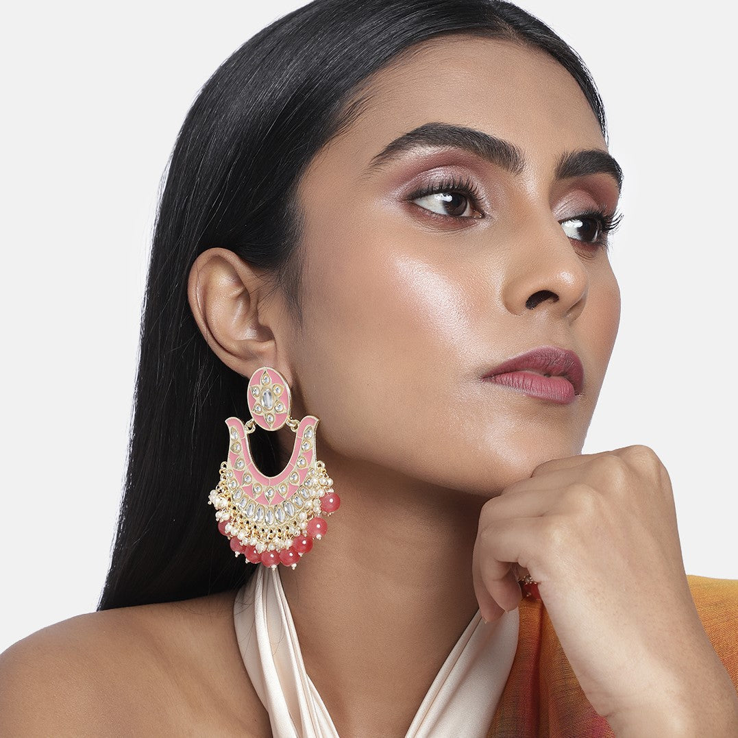 Pink Gold-Plated Handcrafted Kundan Studded Enamelled Chandbalis
