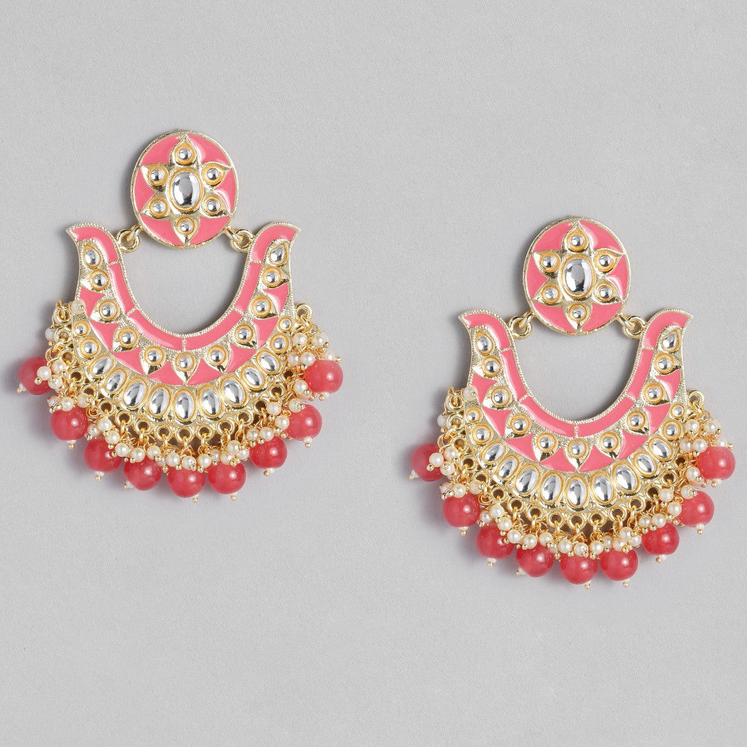 Pink Gold-Plated Handcrafted Kundan Studded Enamelled Chandbalis