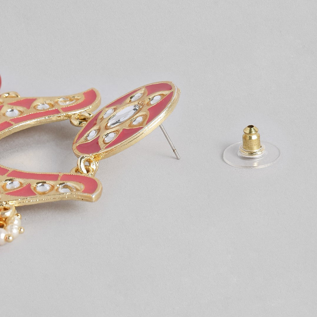 Pink Gold-Plated Handcrafted Kundan Studded Enamelled Chandbalis