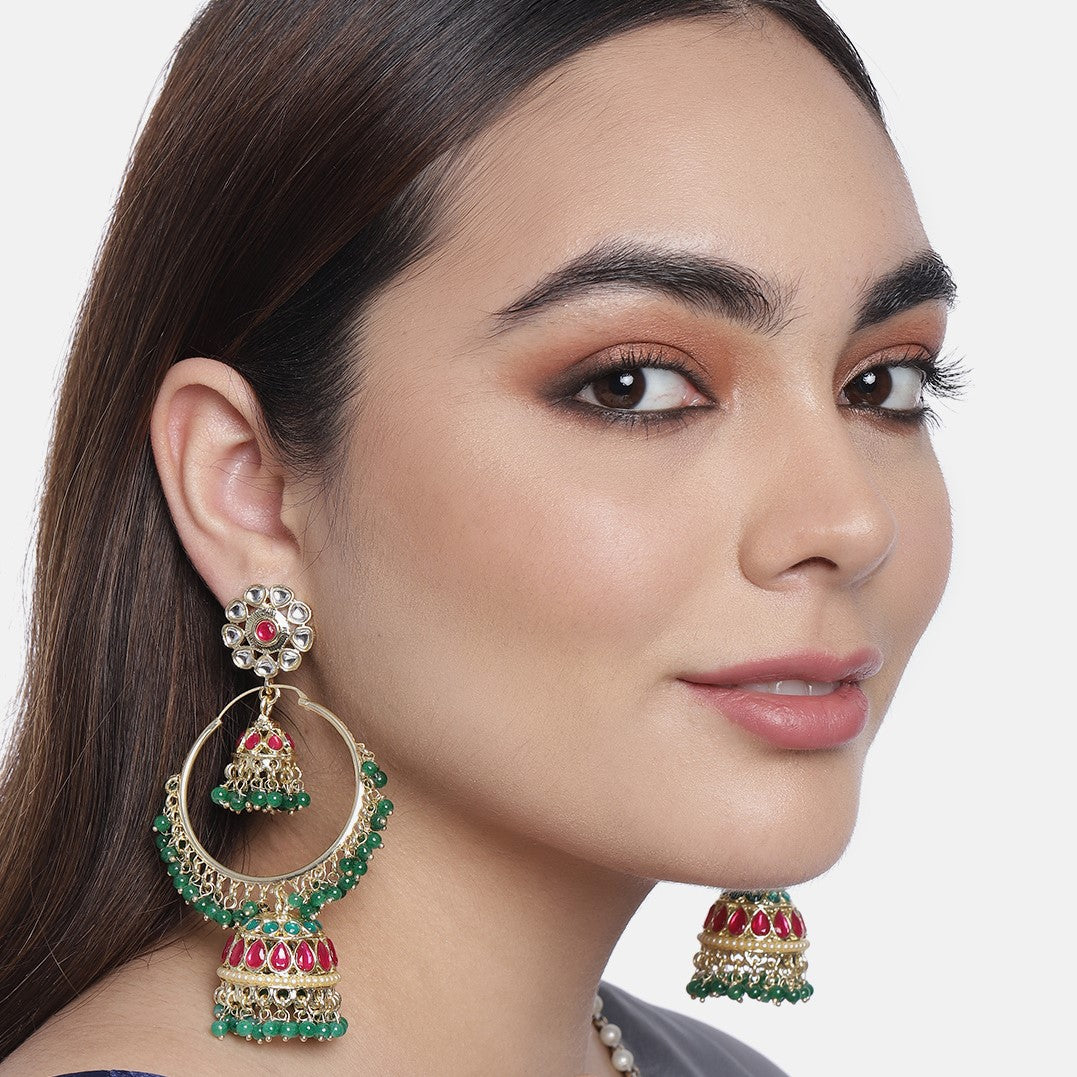 Green & Pink Contemporary Jhumka Earrings