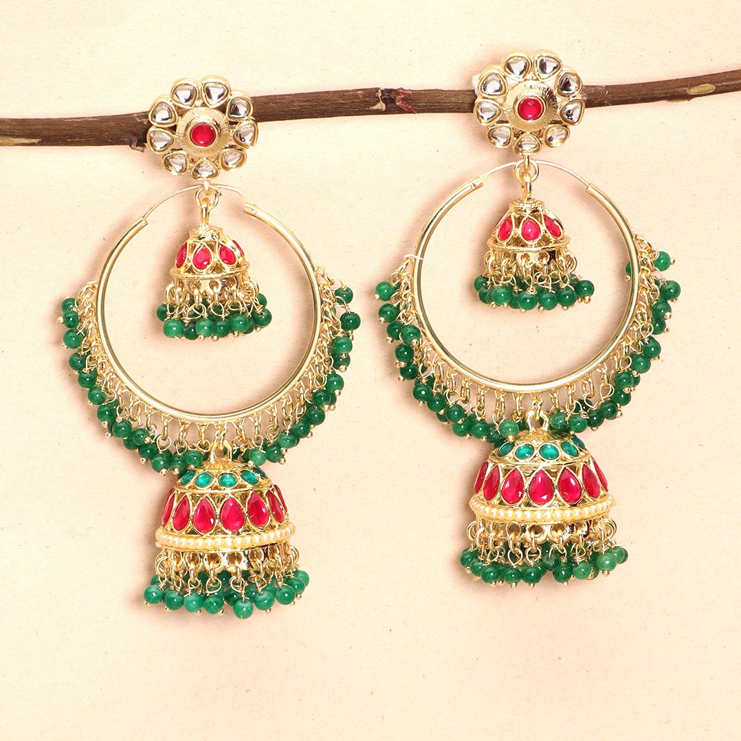 Green & Pink Contemporary Jhumka Earrings