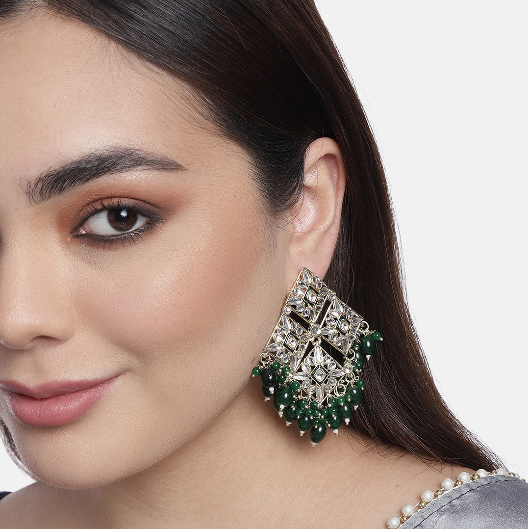 Green & Gold-Toned Geometric Drop Earrings