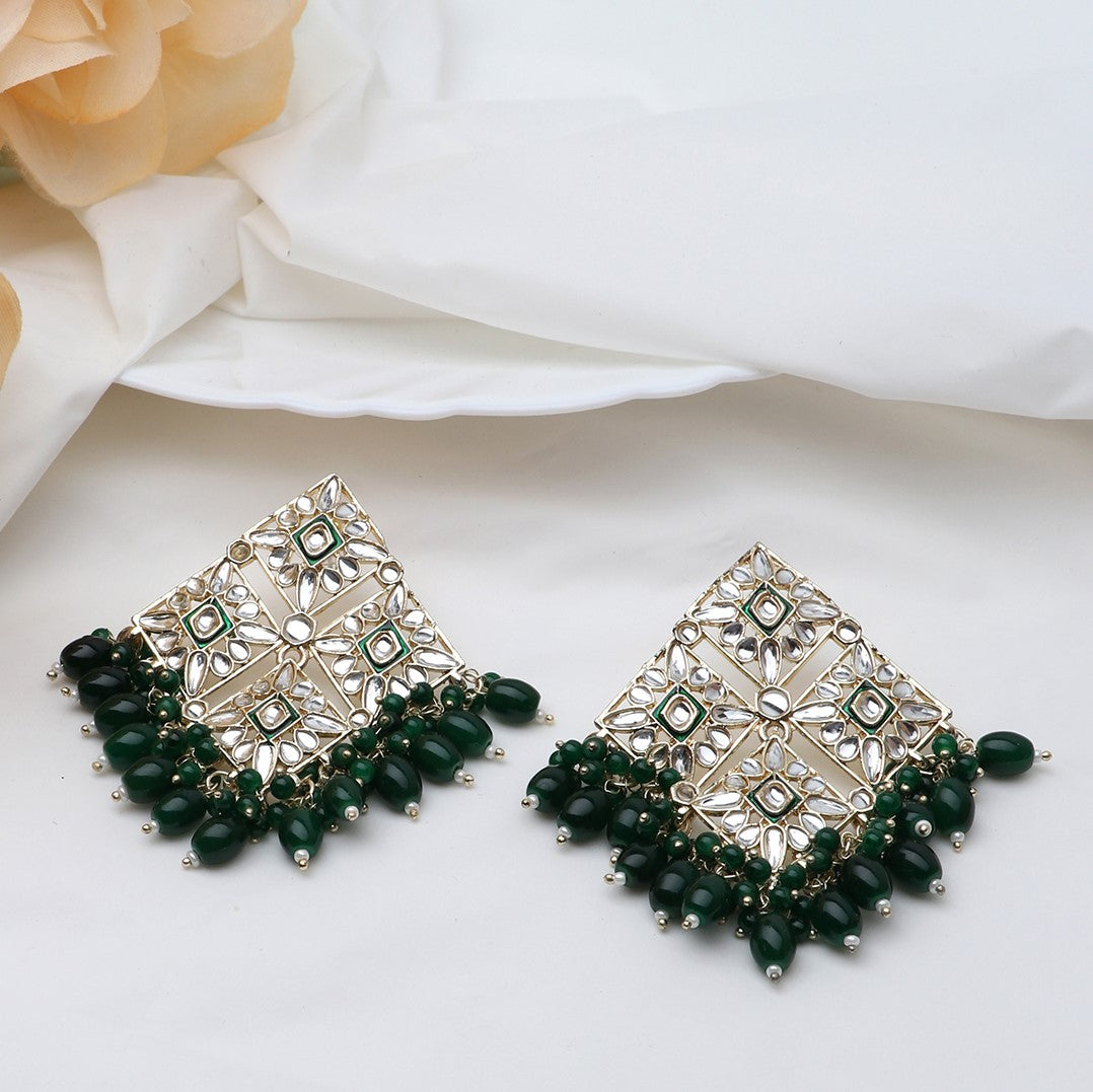 Green & Gold-Toned Geometric Drop Earrings
