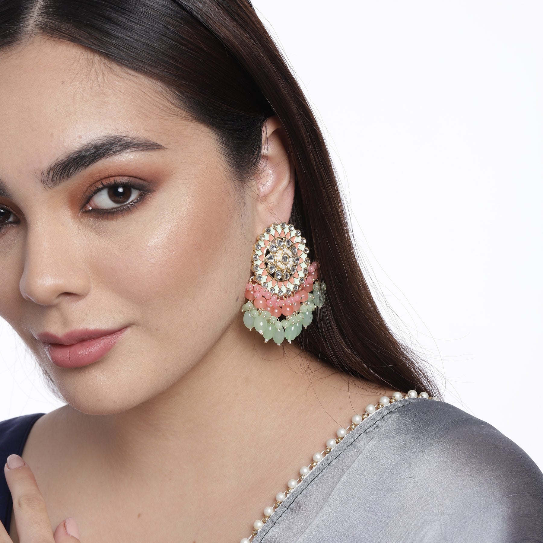 Peach-Coloured & Sea Green Circular Drop Earrings