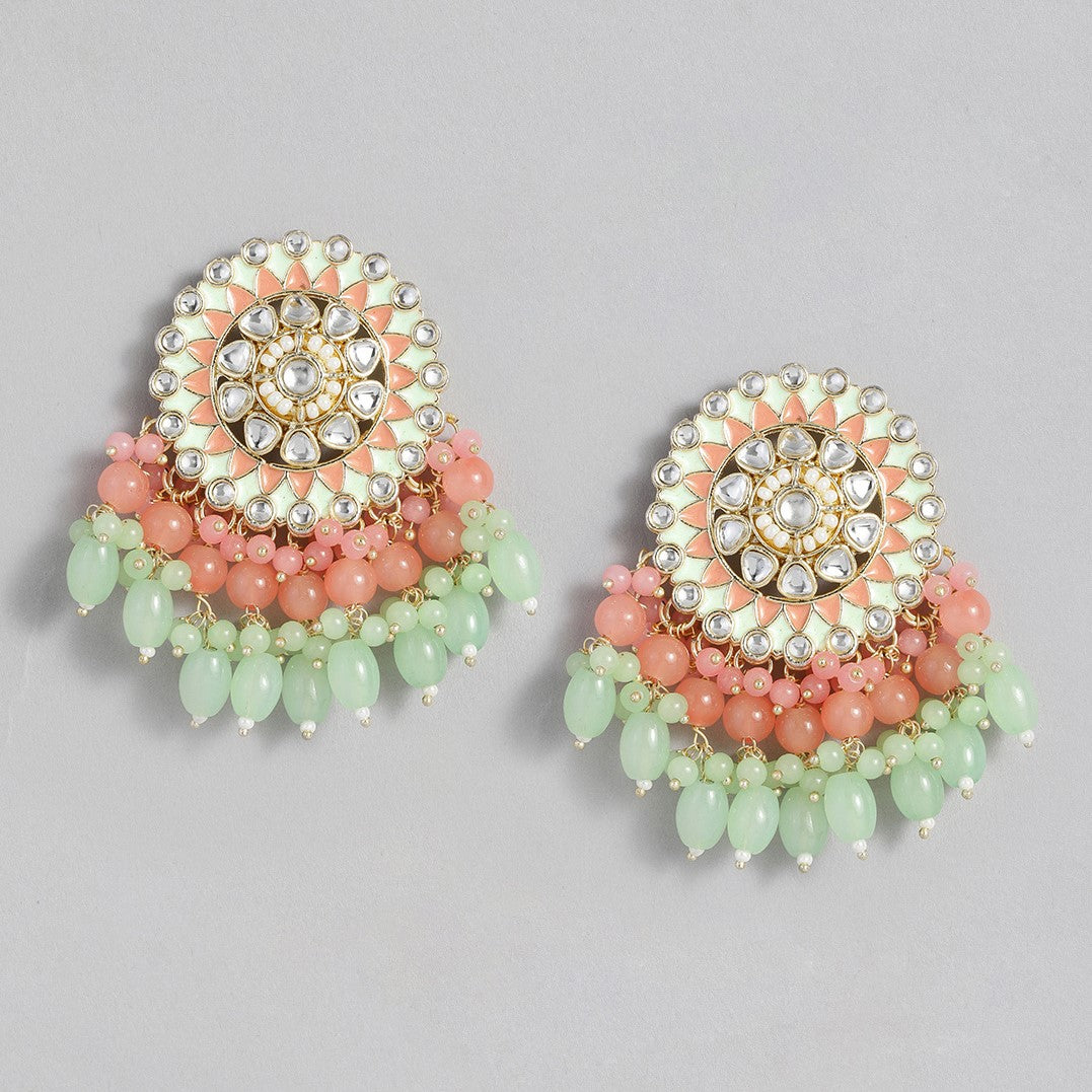 Peach-Coloured & Sea Green Circular Drop Earrings