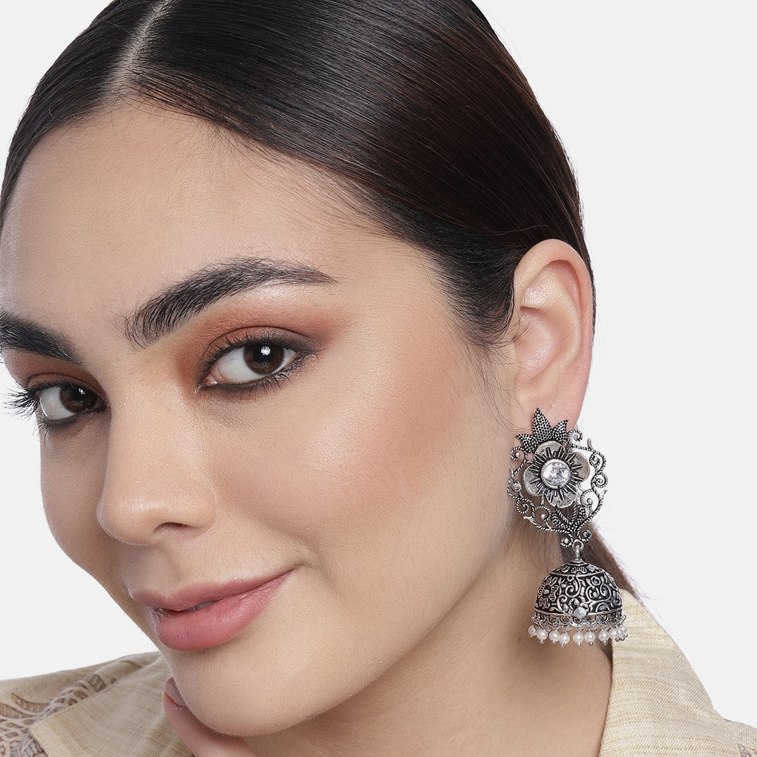 Silver-Toned Oxidized Dome Shaped Jhumkas Earrings