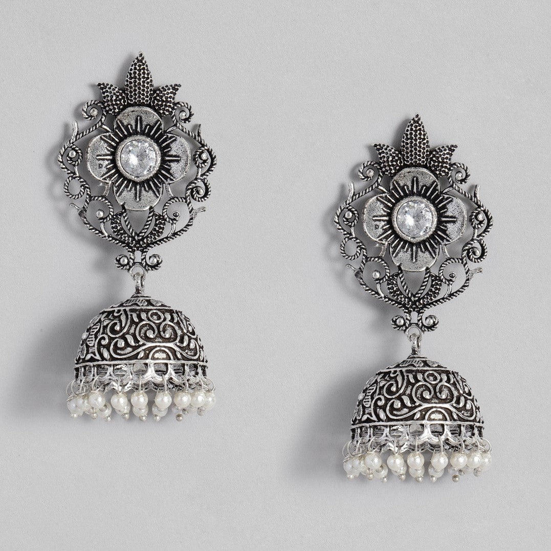 Silver-Toned Oxidized Dome Shaped Jhumkas Earrings