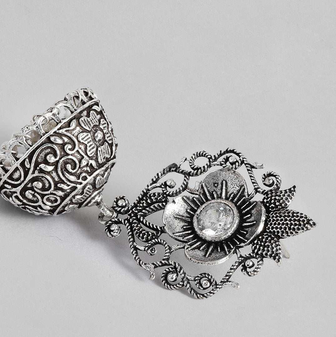 Silver-Toned Oxidized Dome Shaped Jhumkas Earrings