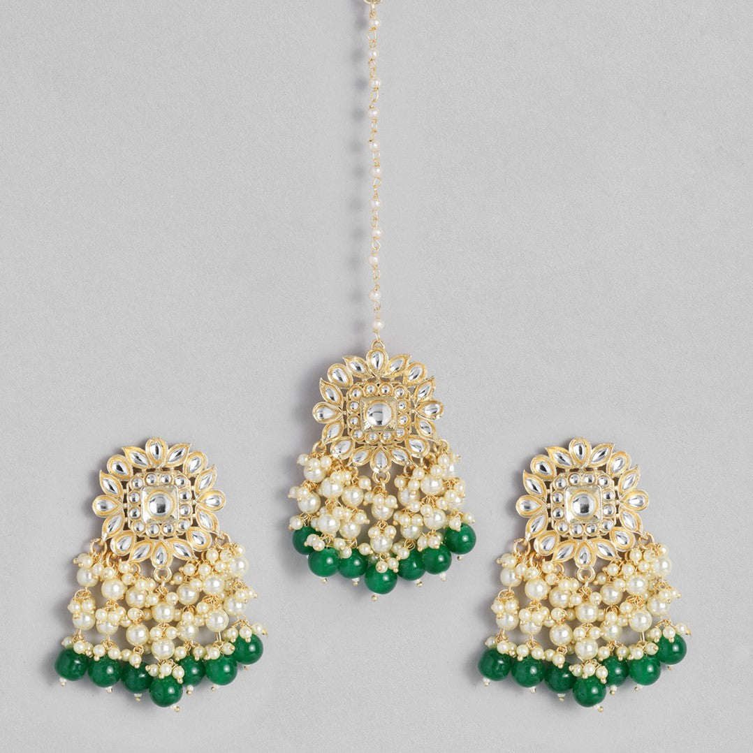 Laida Green & White Gold-Plated Handcrafted Kundan Embellished Jewellery Set