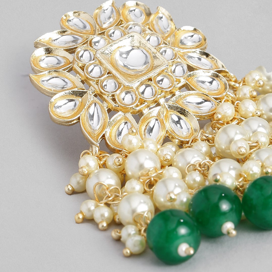 Laida Green & White Gold-Plated Handcrafted Kundan Embellished Jewellery Set