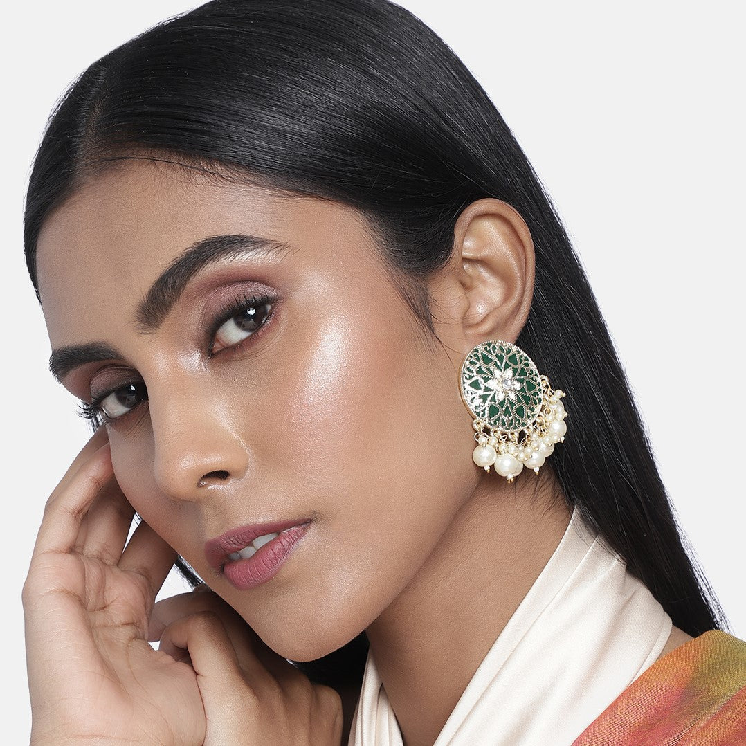 Set Of 2 Green & White Gold-Plated Handcrafted Embellished Enamel Earrings