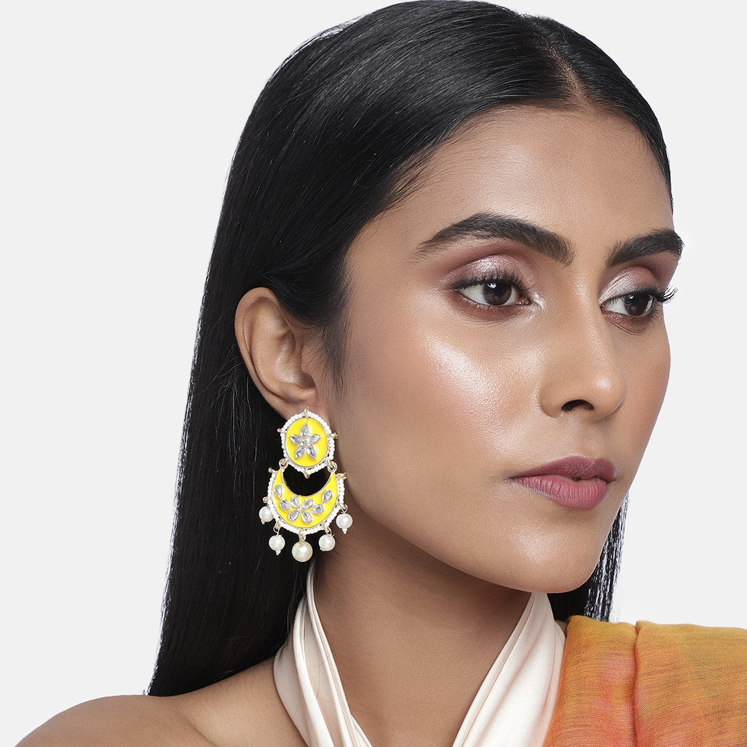 Set Of 2 Yellow & White Gold-Plated Handcrafted Embellished Enamel Earrings