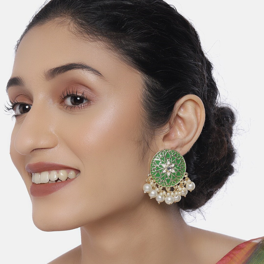 Gold-Plated & Green Kundan Studded Classic Studs