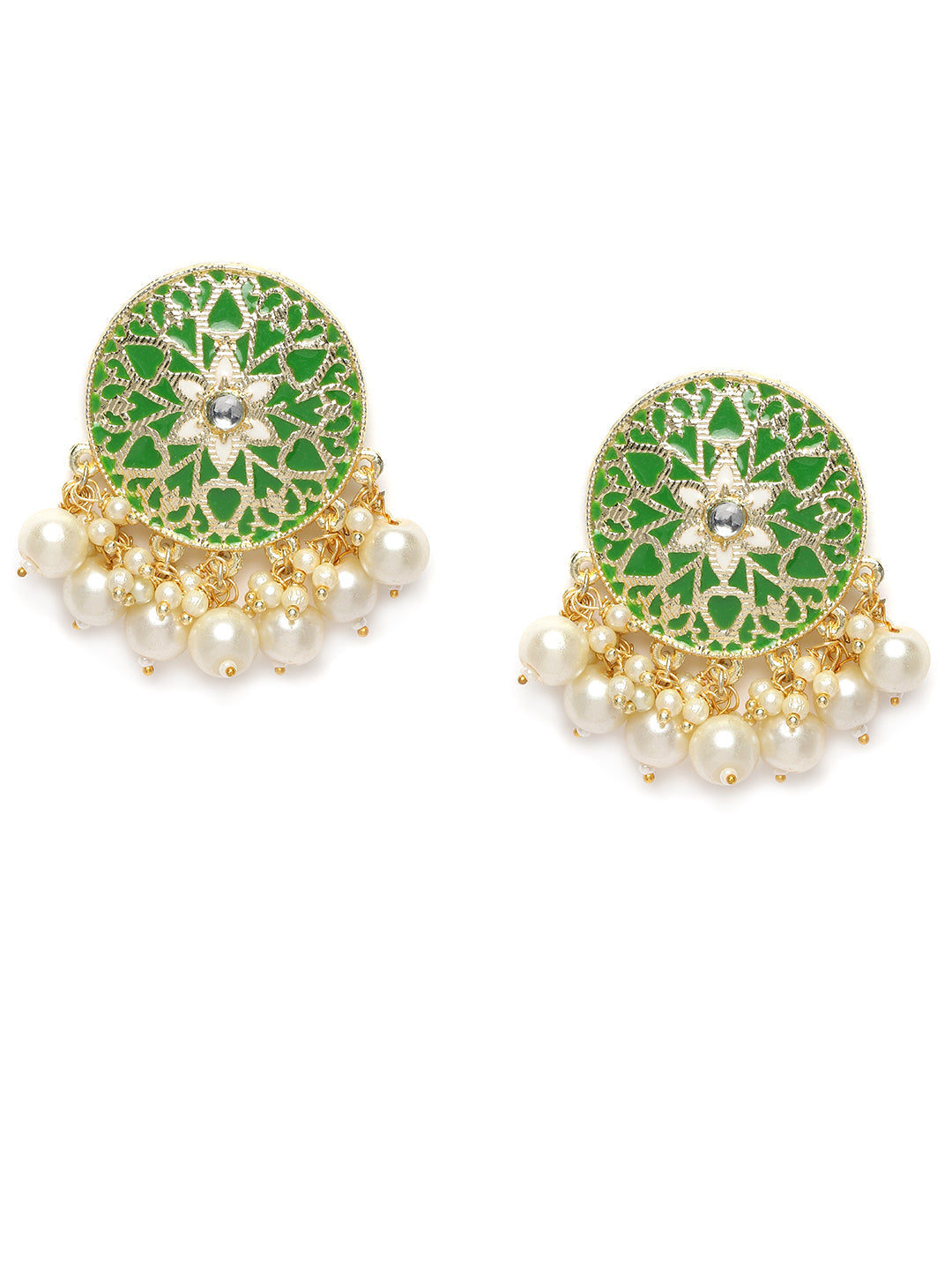 Gold-Plated & Green Kundan Studded Classic Studs