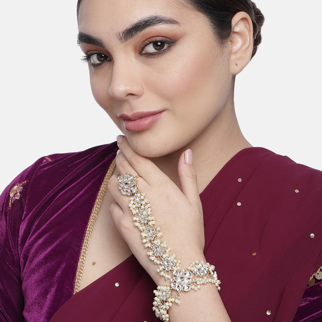 Gulnaar Gold-Plated Off White Kundan & Pearl Studded Handchain/ HathPhool