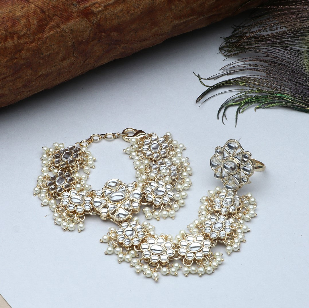 Gulnaar Gold-Plated Off White Kundan & Pearl Studded Handchain/ HathPhool