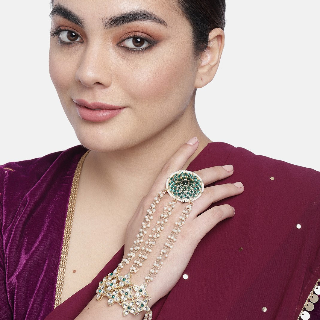 Laida Women Gold-Plated Green Pearls & Kundan Studded Ring Bracelet