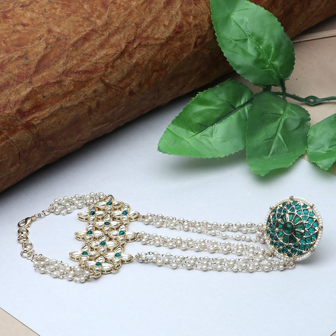 Laida Women Gold-Plated Green Pearls & Kundan Studded Ring Bracelet