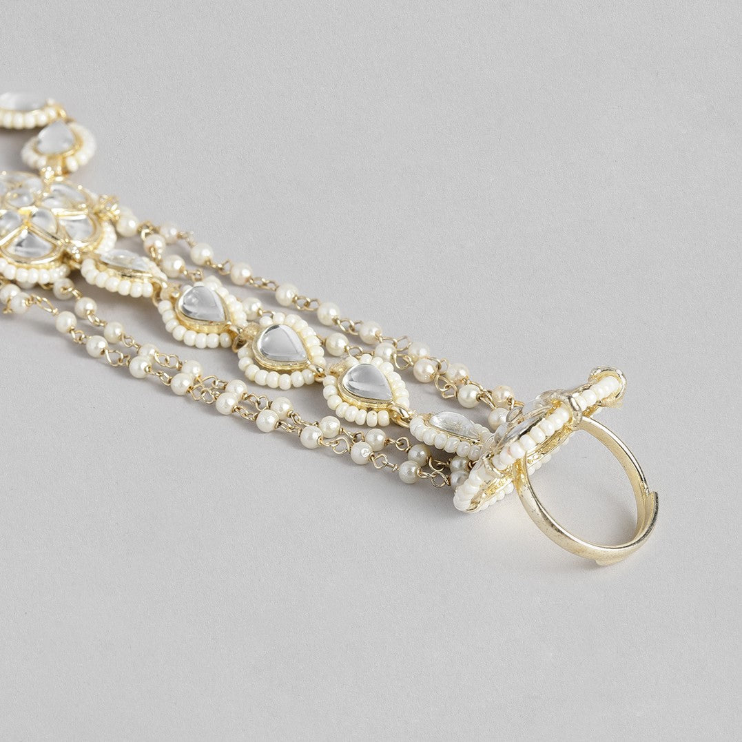 Laida Women Gold-Plated White Kundan & Pearls Studded Ring Bracelet