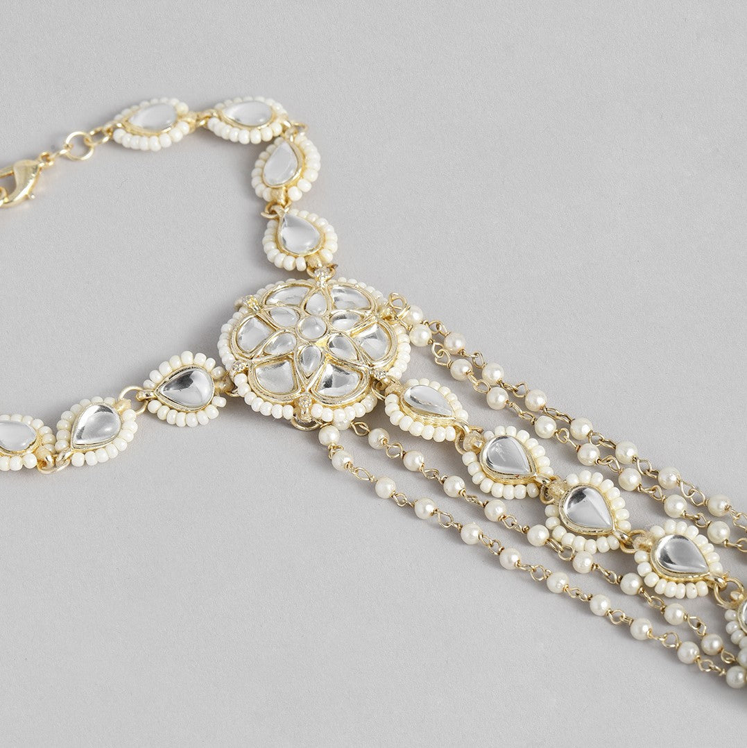 Laida Women Gold-Plated White Kundan & Pearls Studded Ring Bracelet