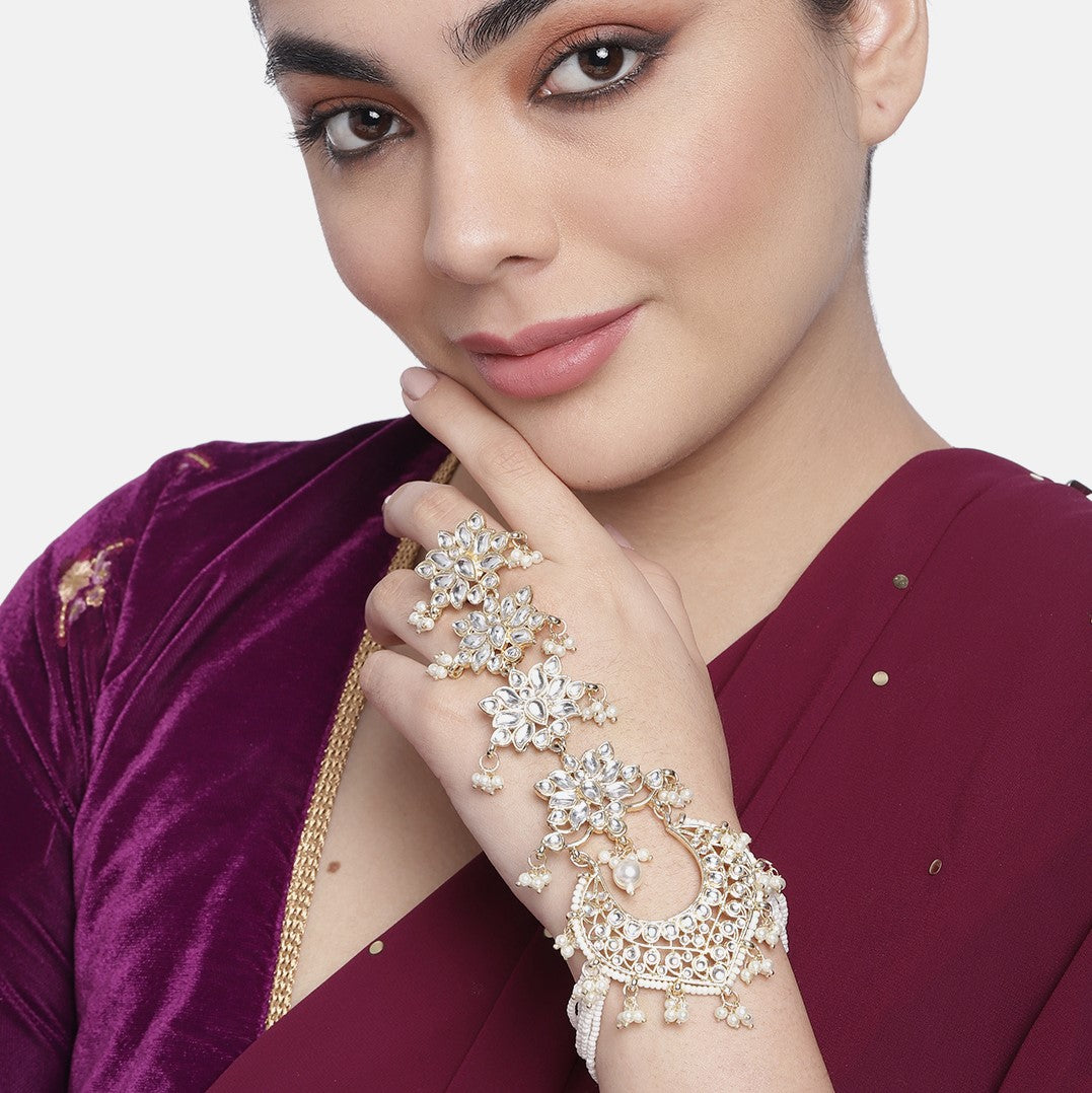 Laida Women Gold-Plated White Kundan & Pearl Studded Ring Bracelet