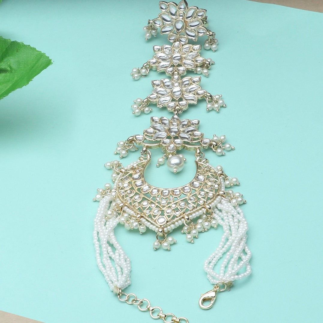 Laida Women Gold-Plated White Kundan & Pearl Studded Ring Bracelet