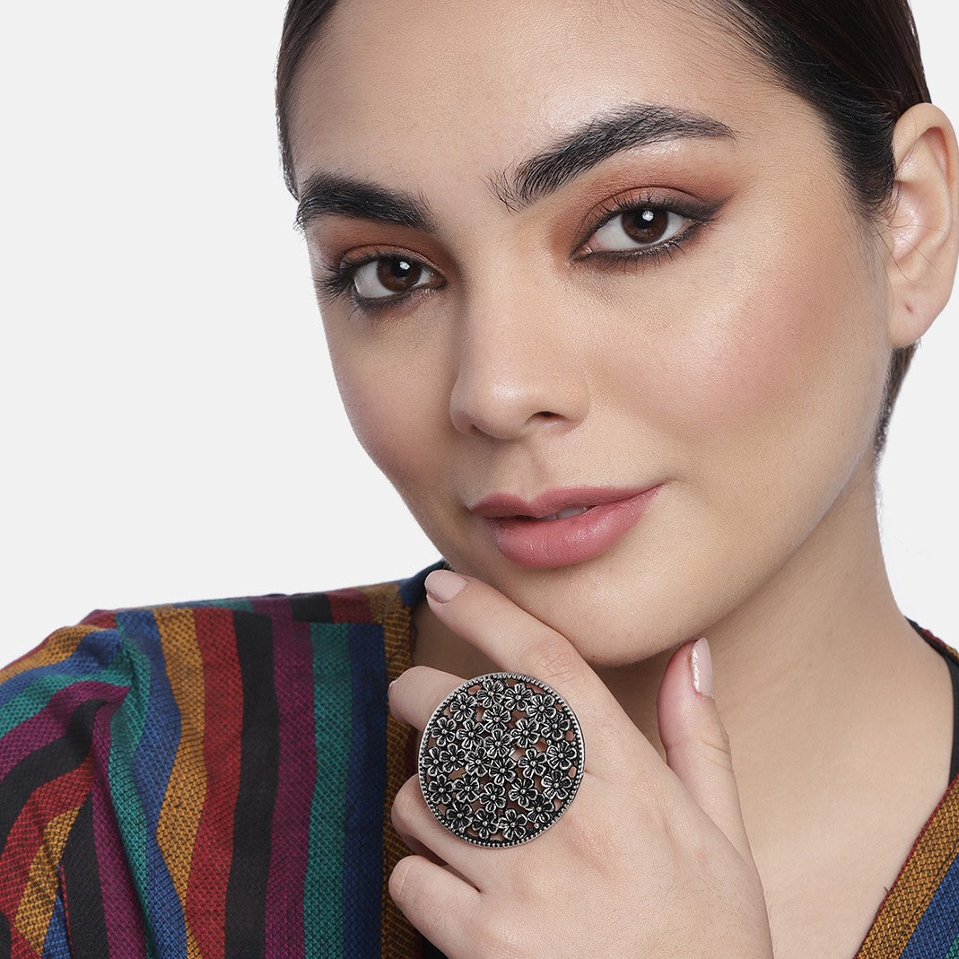 Ring of Flower Silver Oxidized Adjustable Finger Ring - Set of 3