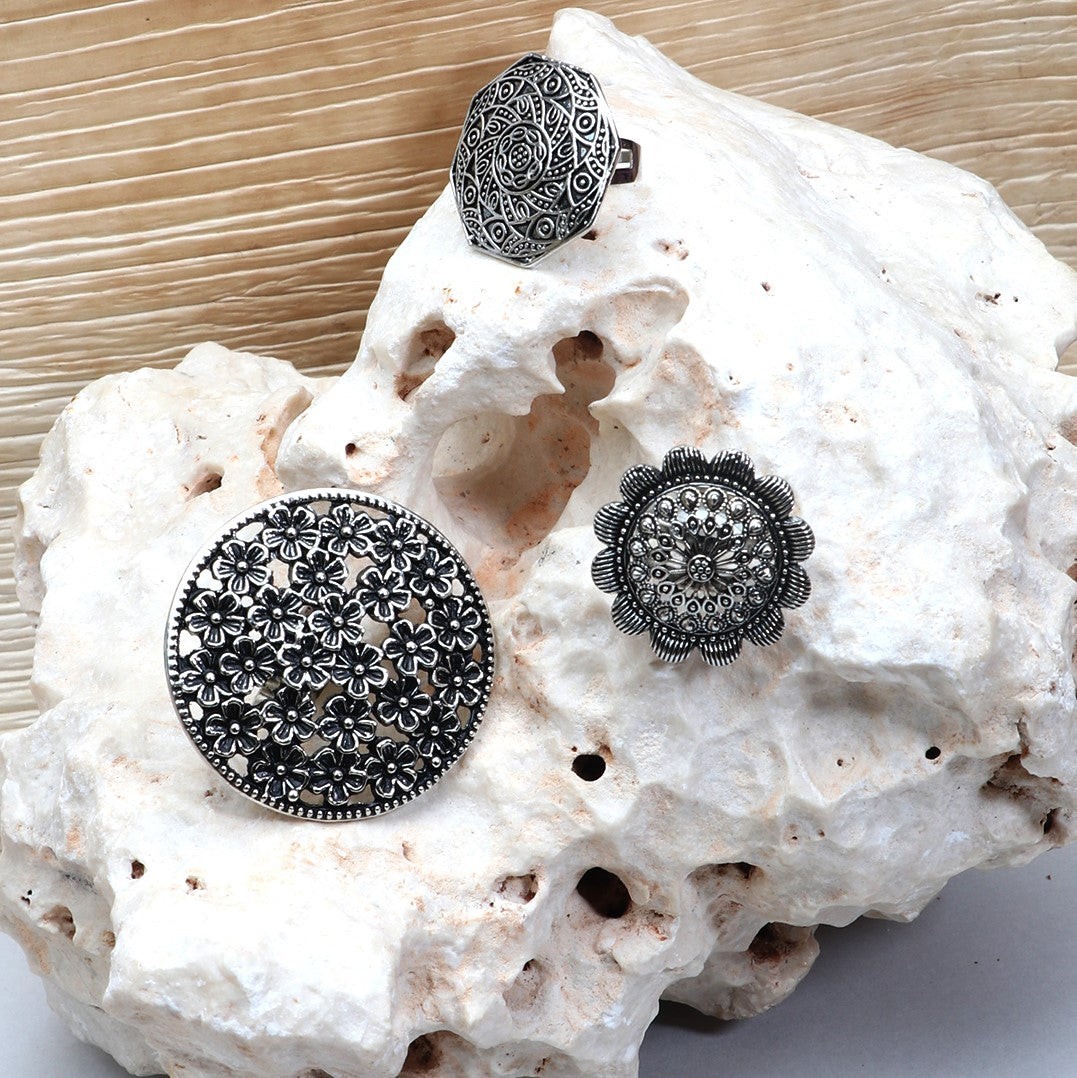 Ring of Flower Silver Oxidized Adjustable Finger Ring - Set of 3