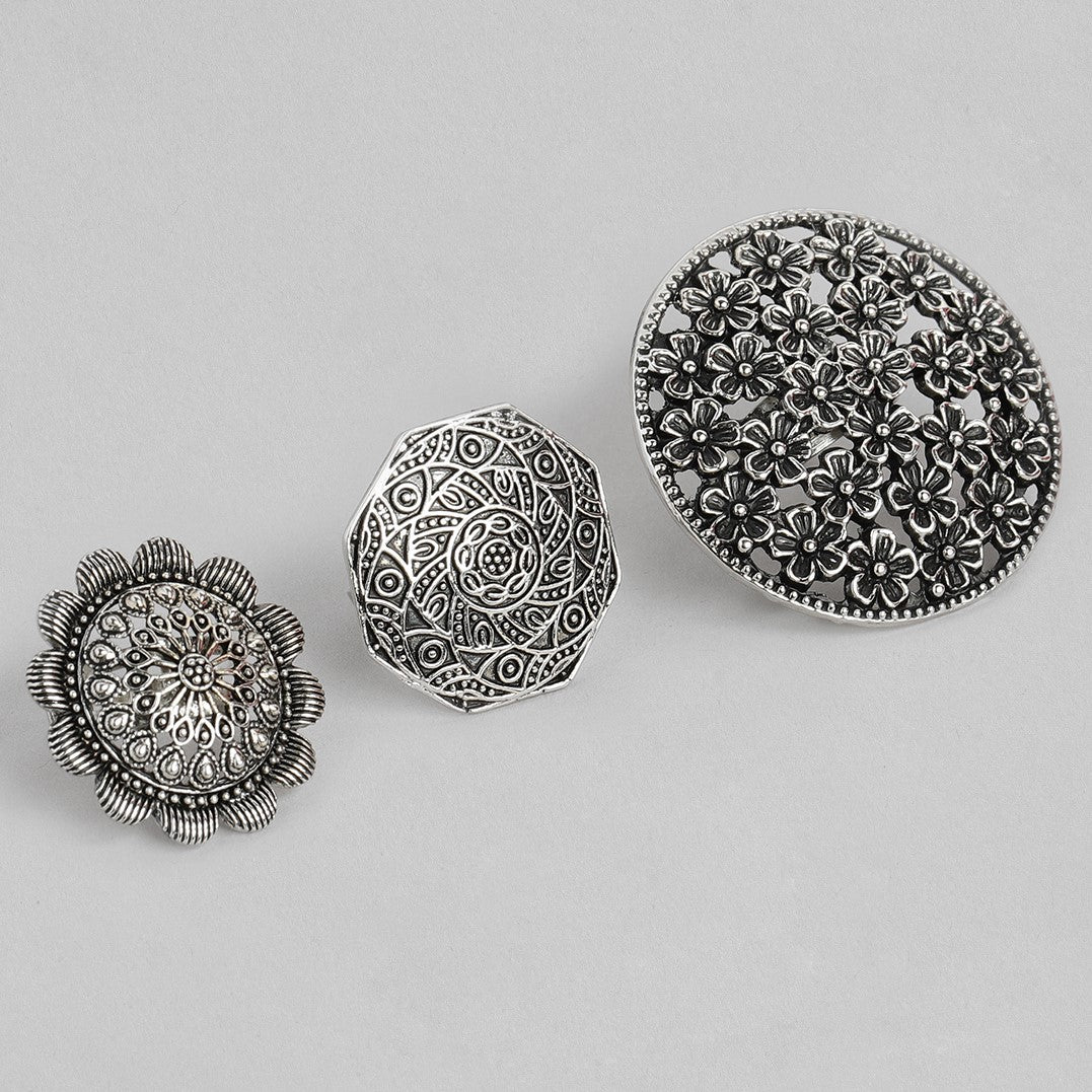 Ring of Flower Silver Oxidized Adjustable Finger Ring - Set of 3
