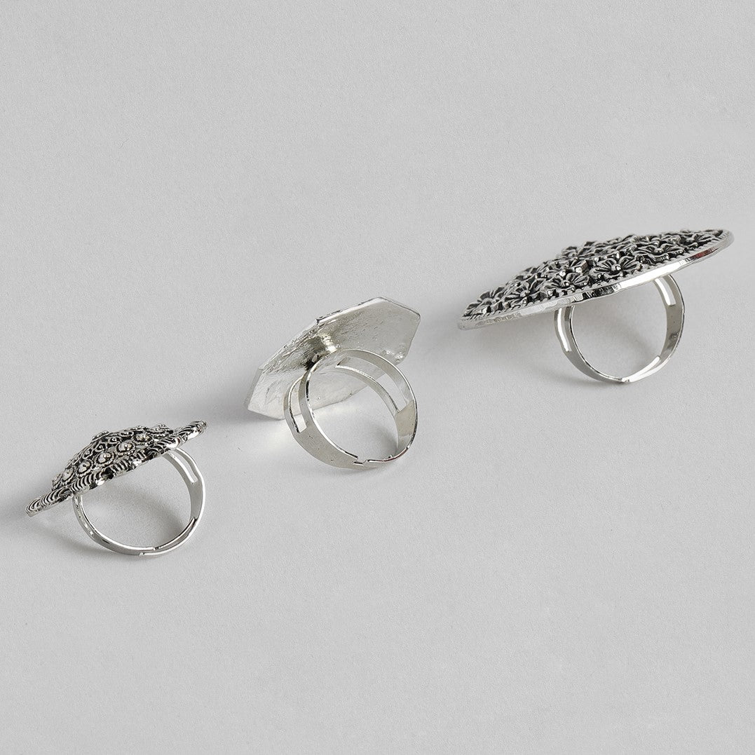 Ring of Flower Silver Oxidized Adjustable Finger Ring - Set of 3