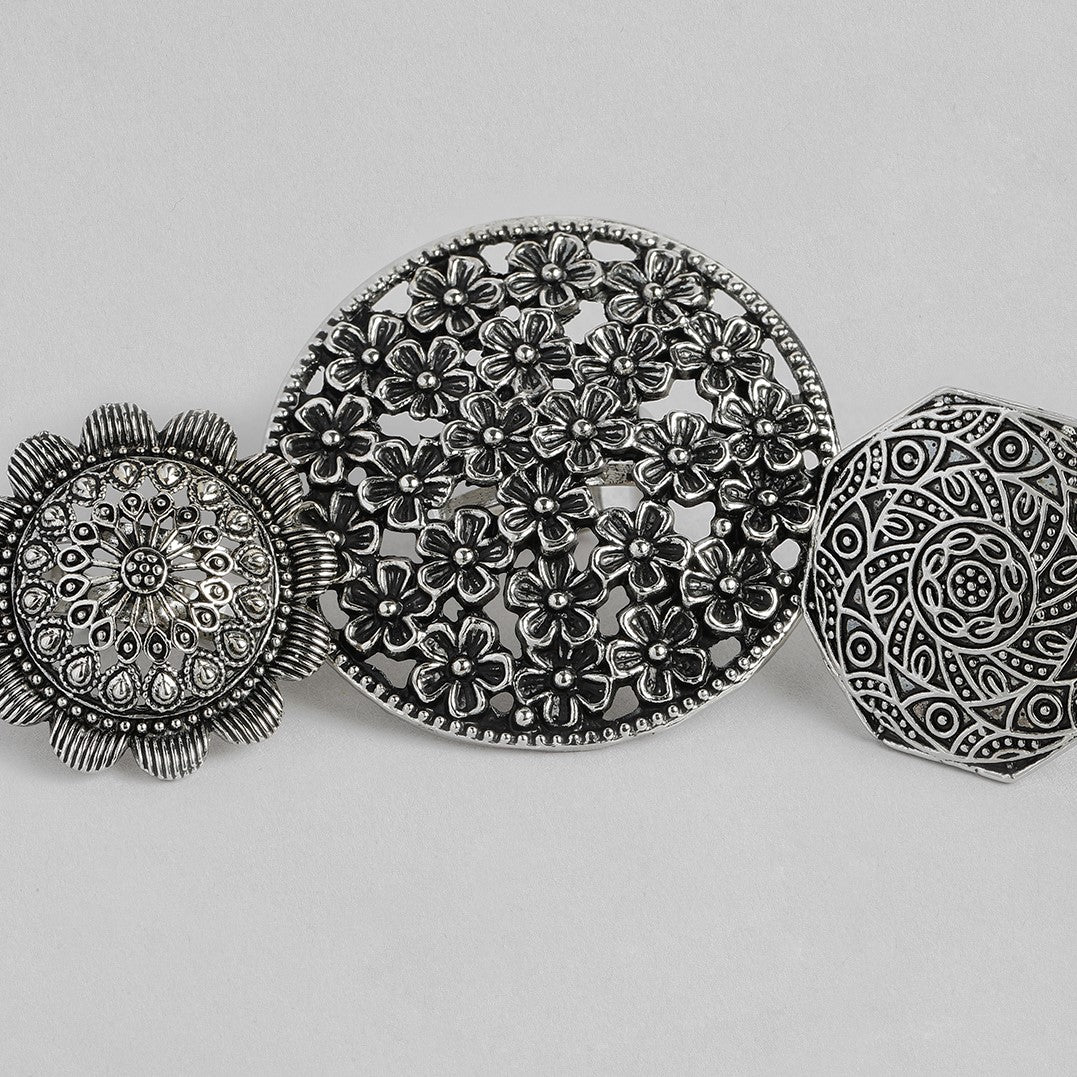 Ring of Flower Silver Oxidized Adjustable Finger Ring - Set of 3