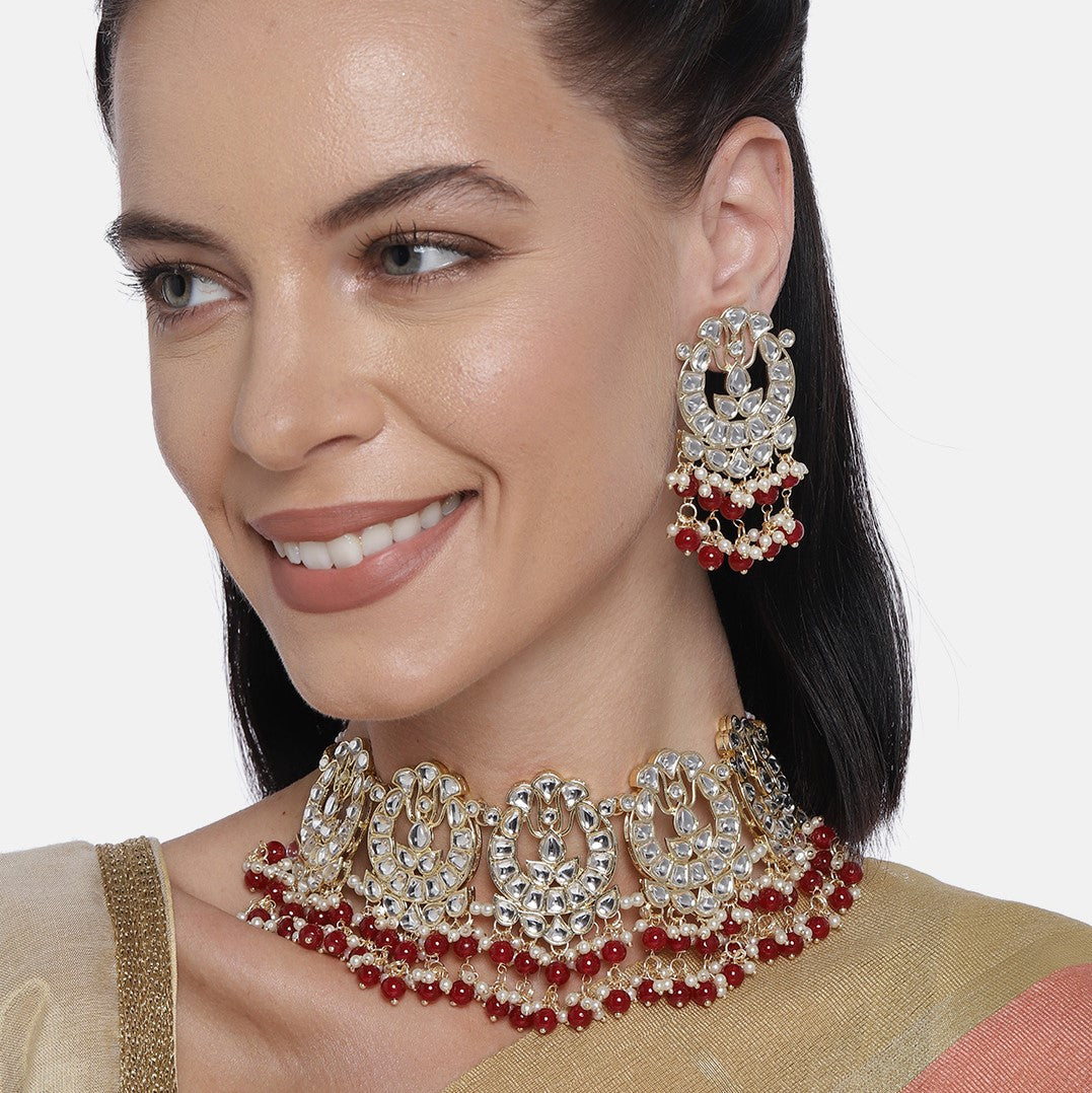 Laida Gold-Plated And Red Handcrafted Kundan Studded Jewellery Set