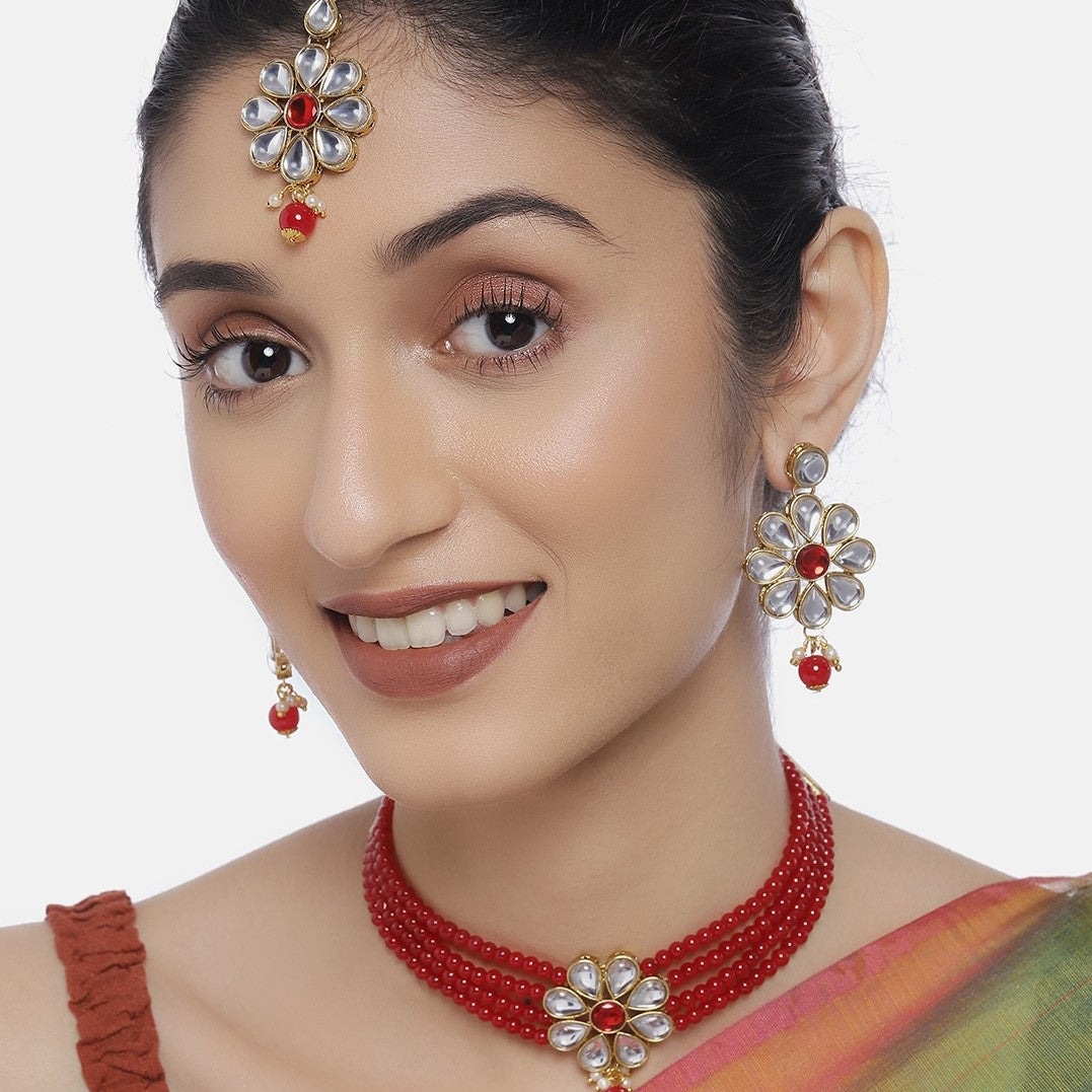 Laida Women Gold-Plated Red Jewellery Set With Maangtika