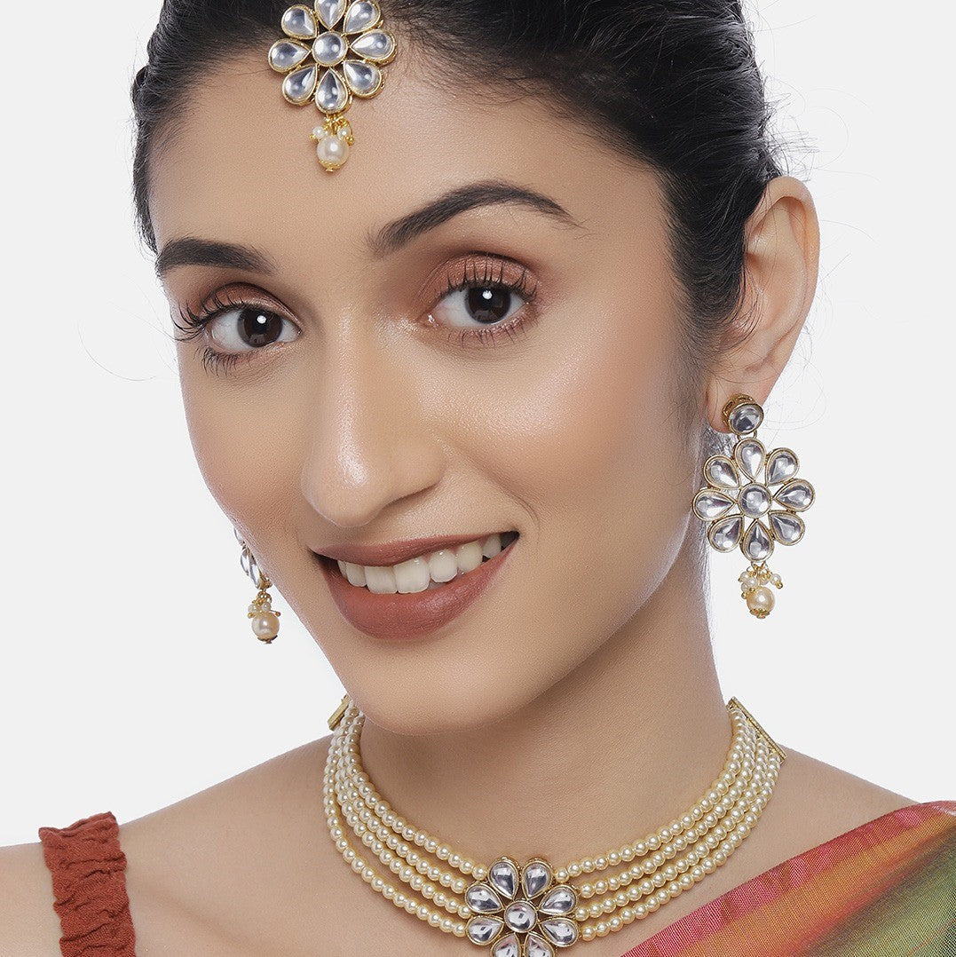 Laida Women Gold-Plated & Off-White Jewellery Set With Maangtika