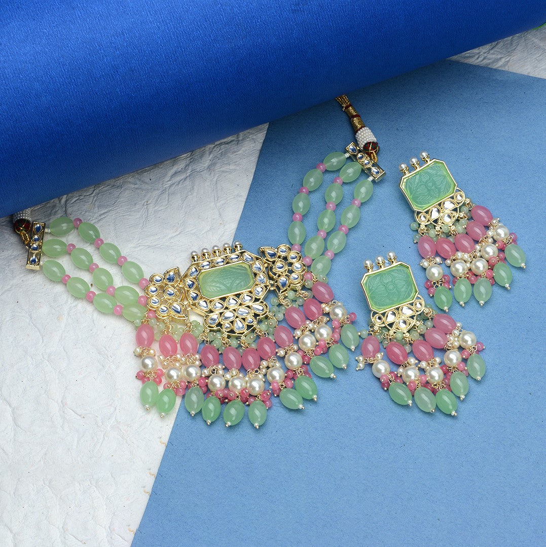 Laida Mint Green & Pink Choker with earring