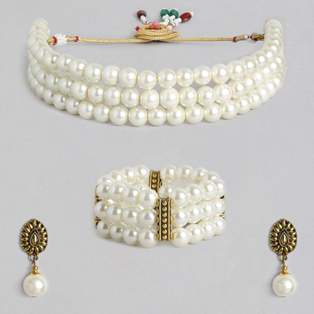 Off-White Antique Gold-Plated Beaded Handcrafted Choker Jewellery Set