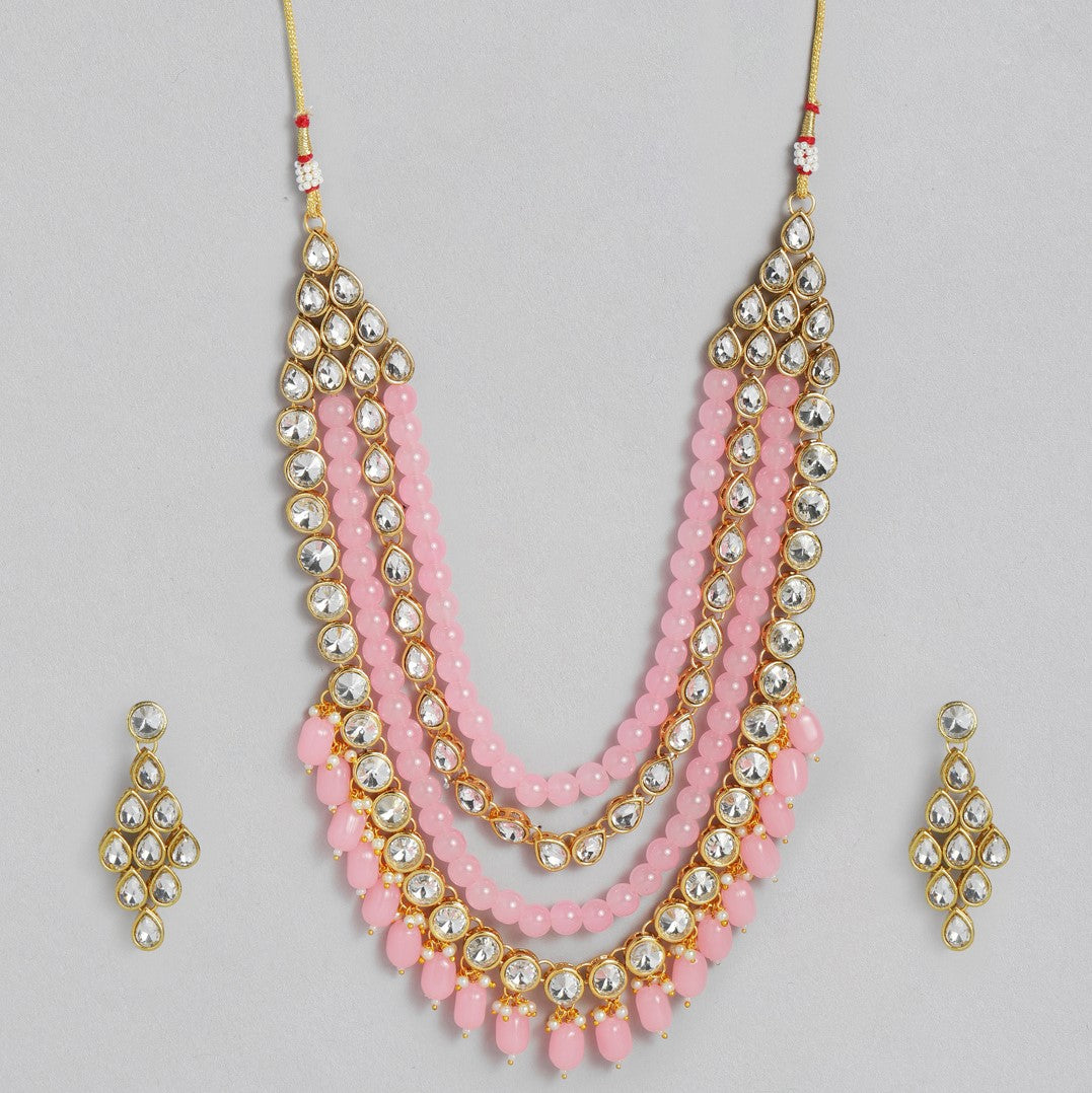 Laida White & Pink Gold-Plated Kundan Studded Handcrafted Embellished Jewellery Set