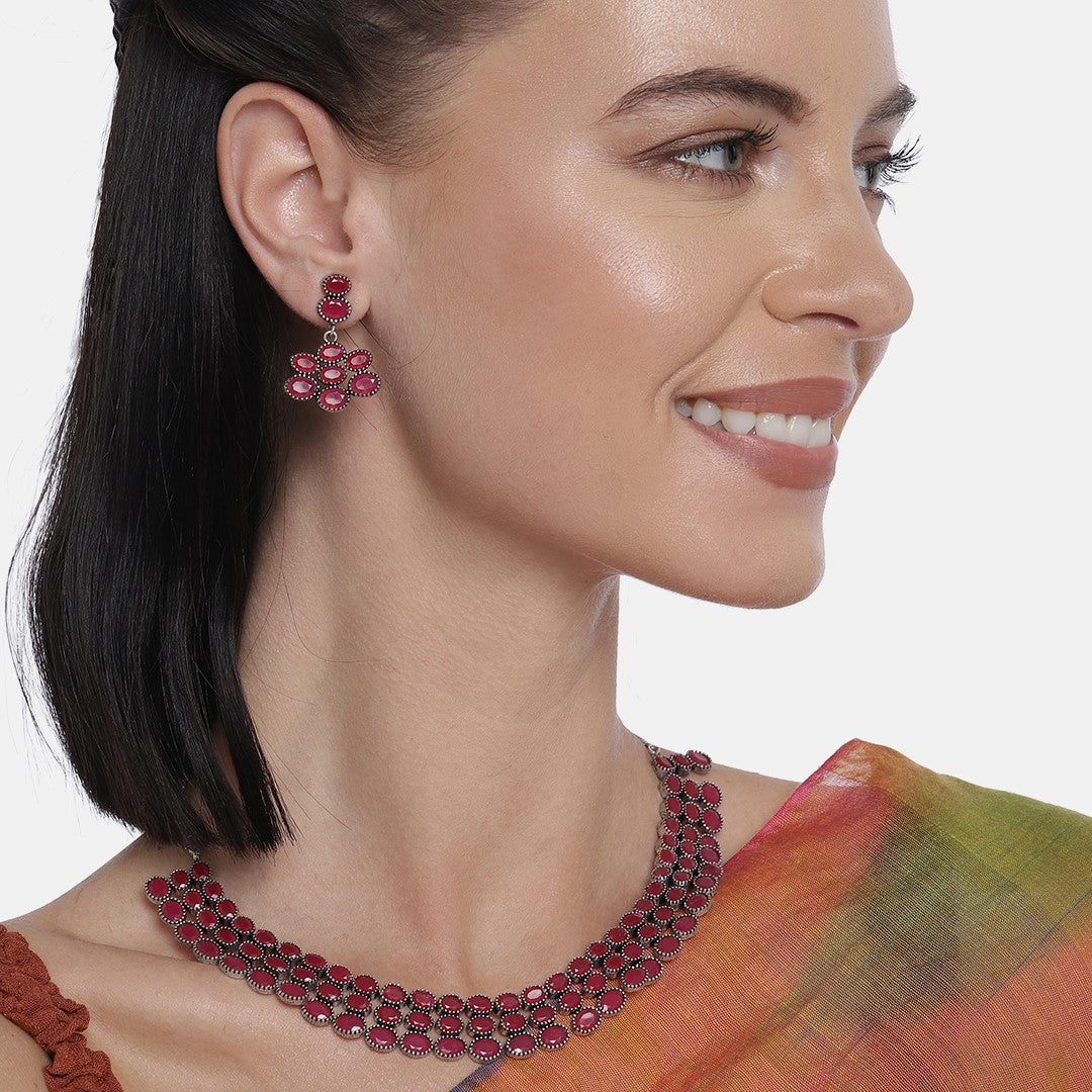 Laida Pink Silver-Plated Oxidized Handcrafted Layered Jewellery Set