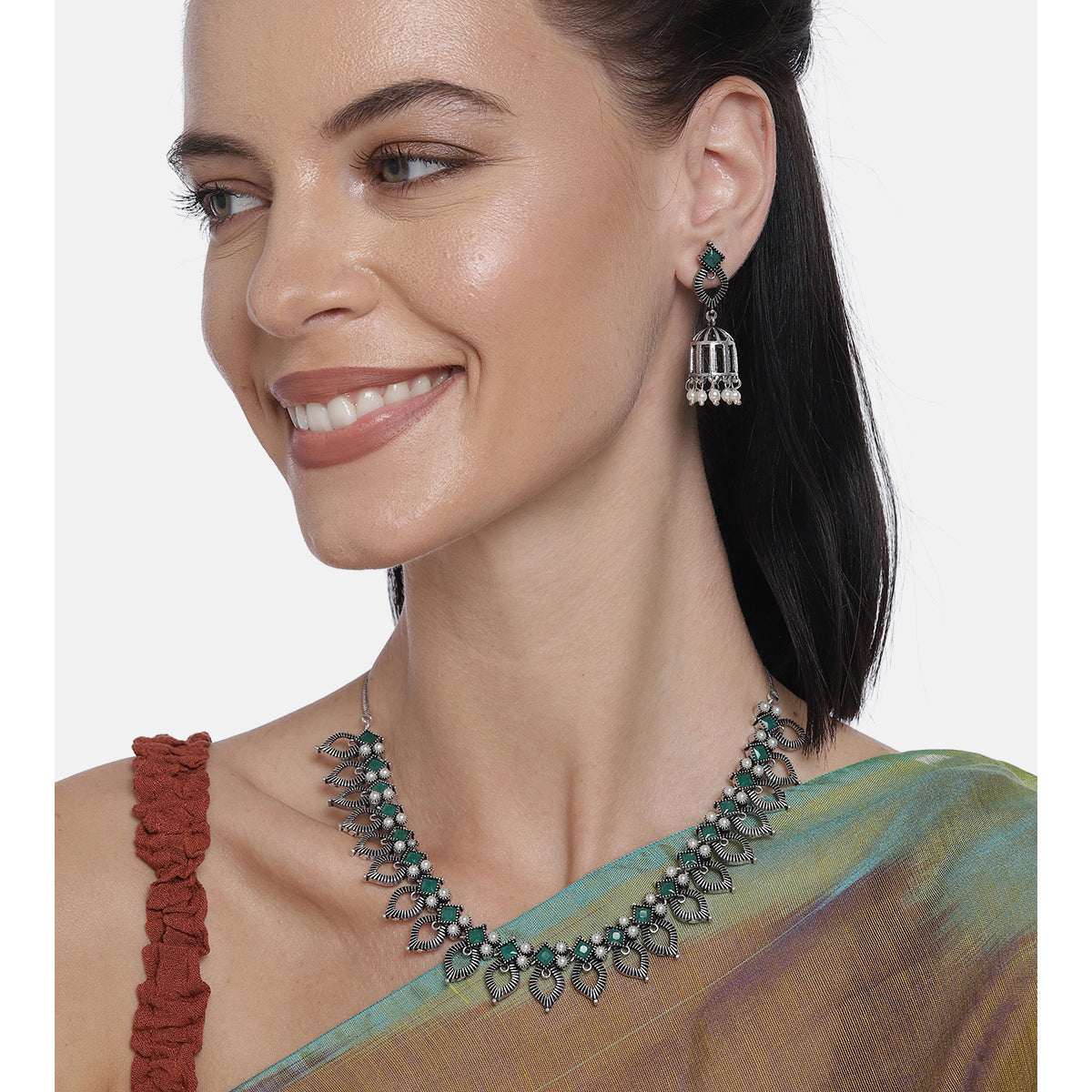 Laida Green Silver Plated Oxidized Handcrafted Jewellery Set