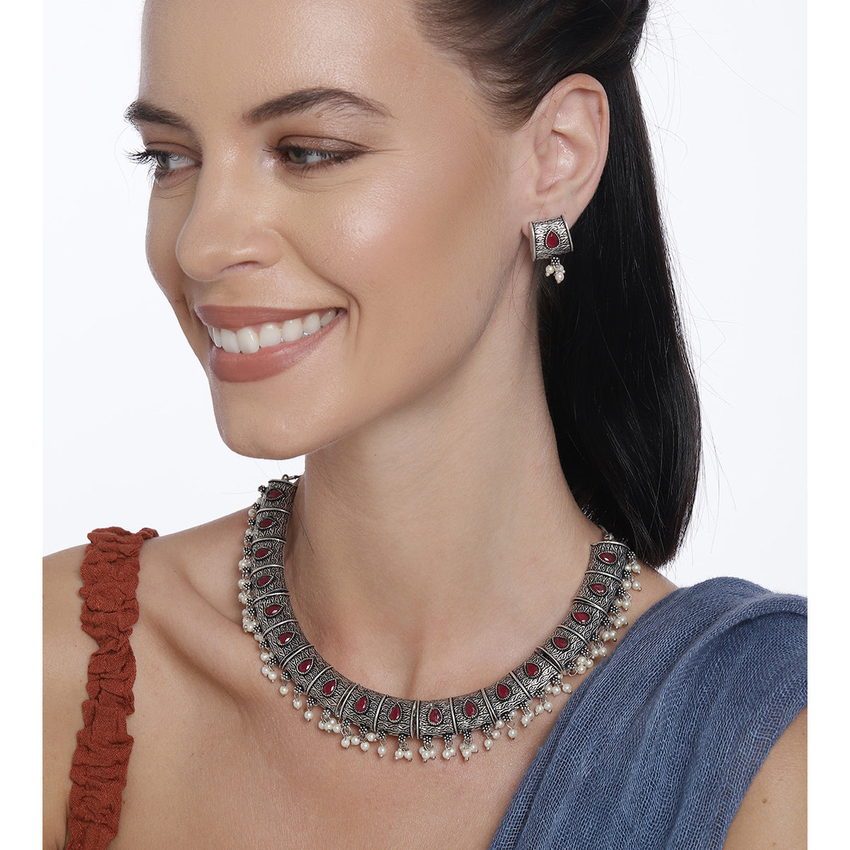 Laida Maroon Silver-Plated Oxidized Handcrafted Jewellery Set