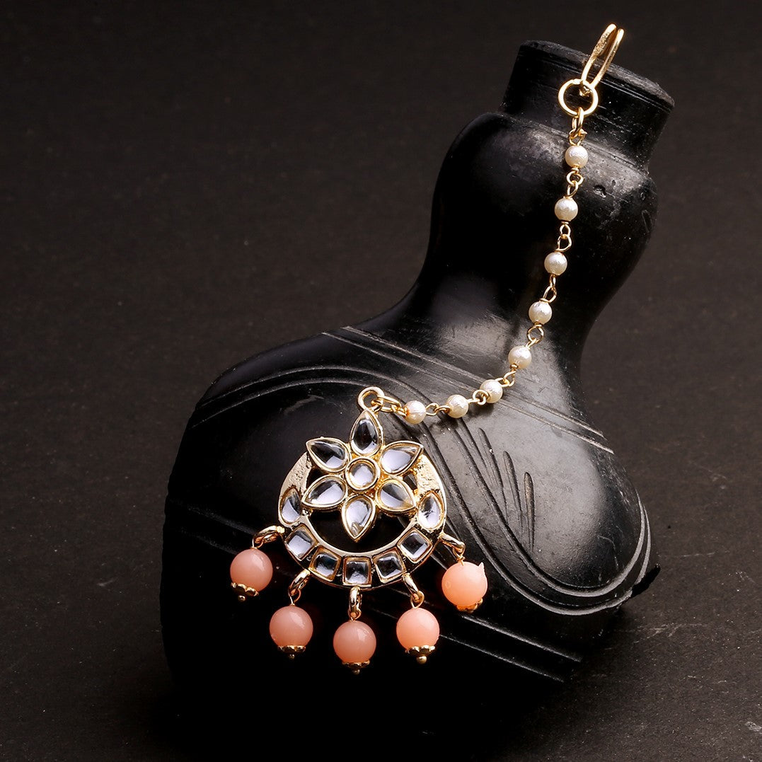 Laida Gold Plated & Peach Coloured Kundan Studded Chand Style Maang Tikka