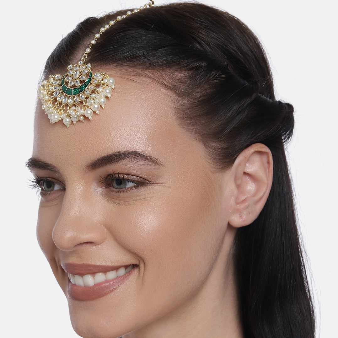 Laida Green Gold Plated Hand Crafted Kundan Studded Maang Tikka