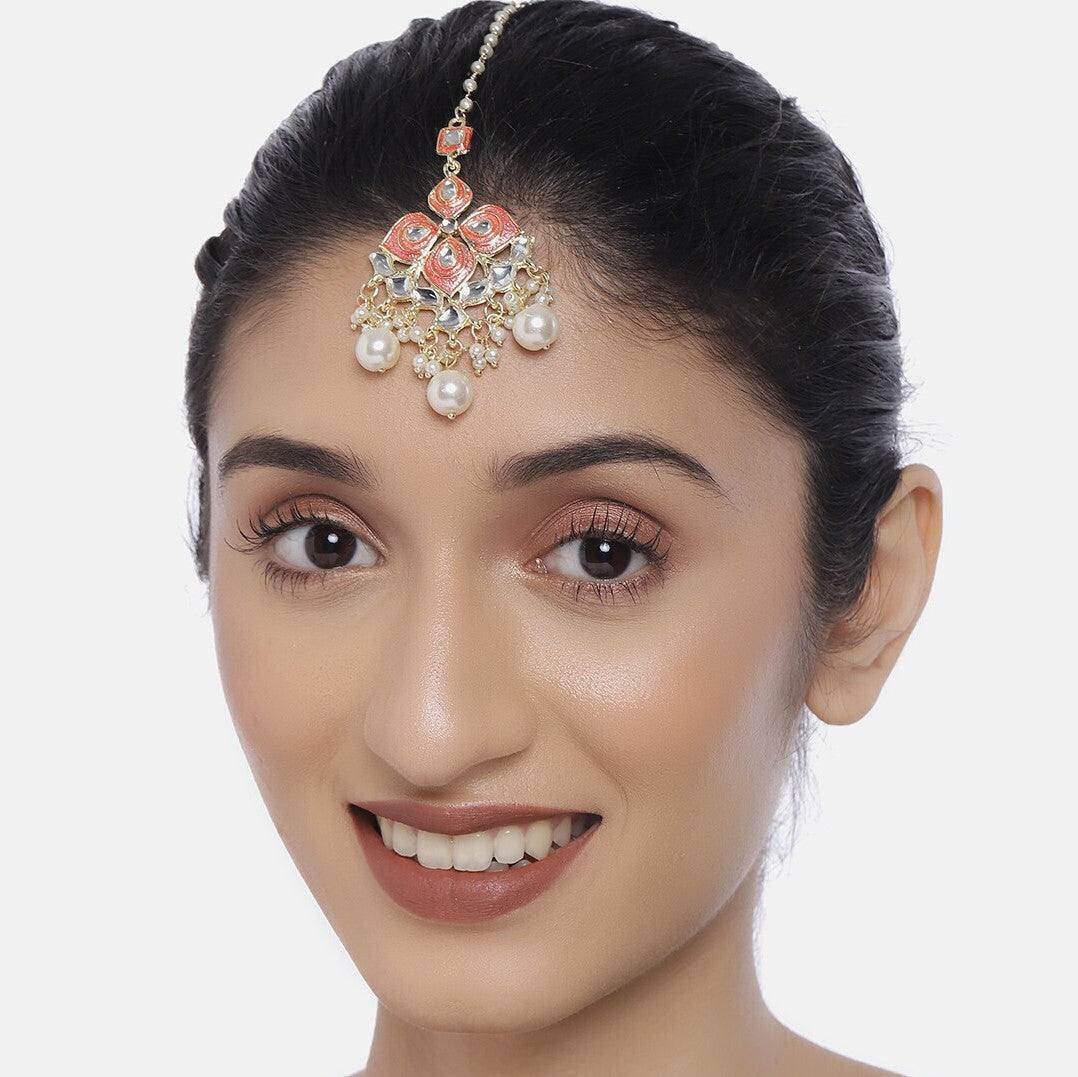 Laida Pink Gold-Plated Enamelled Handcrafted Kundan & Pearl Maang Tikka